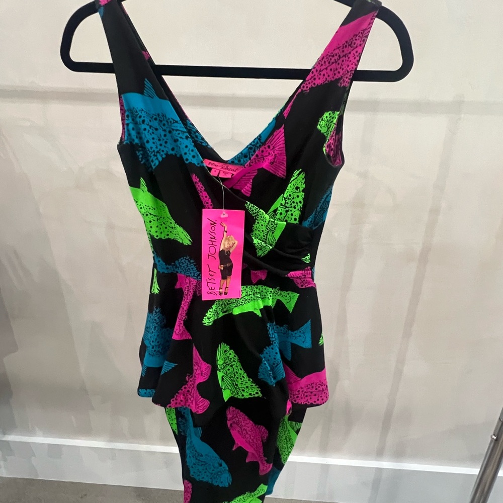 Betsey Johnson Black Dress with Pink and Blue Fish Accents
